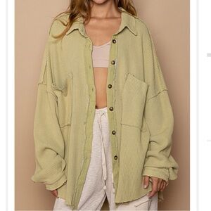 POL Oversized Waffle Button Down Shackett Olive Green